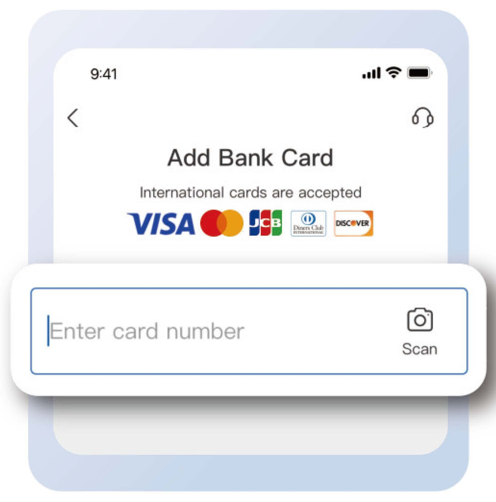 알리페이 Add Bank Card 카드 번호 입력 화면